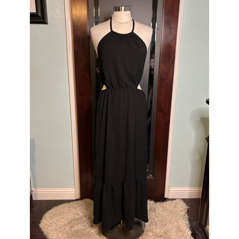 New SEXY Rolla Coster Los Angeles Black Cutout Halter Maxi Dress Size Large